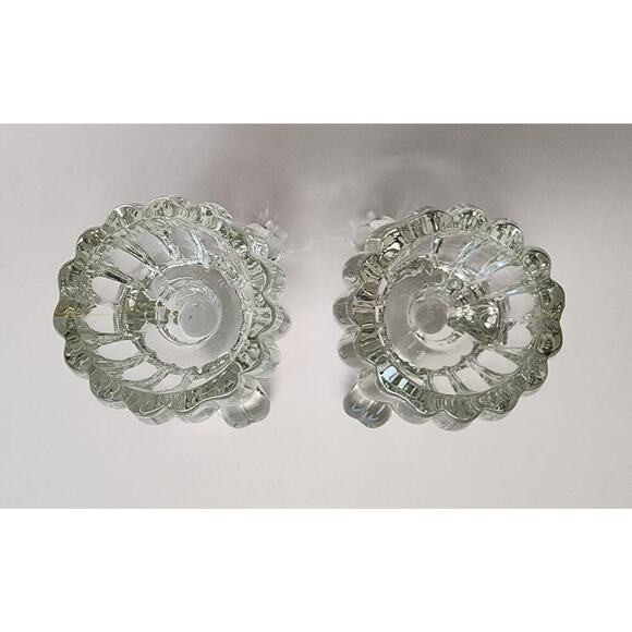 VTG 1950's Jeannette Clear Crystal Three Toe Candle Holder Set Taper & Votive - Picture 4 of 4